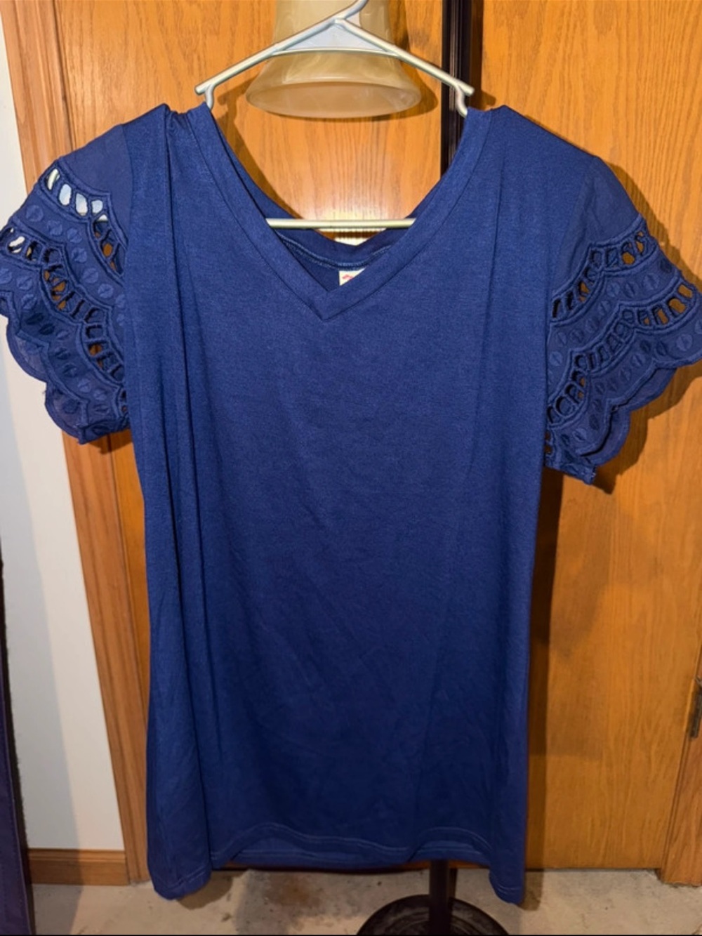 V-Neck Navy Blue Short Sleeve Top with Crochet Sleeve Detail